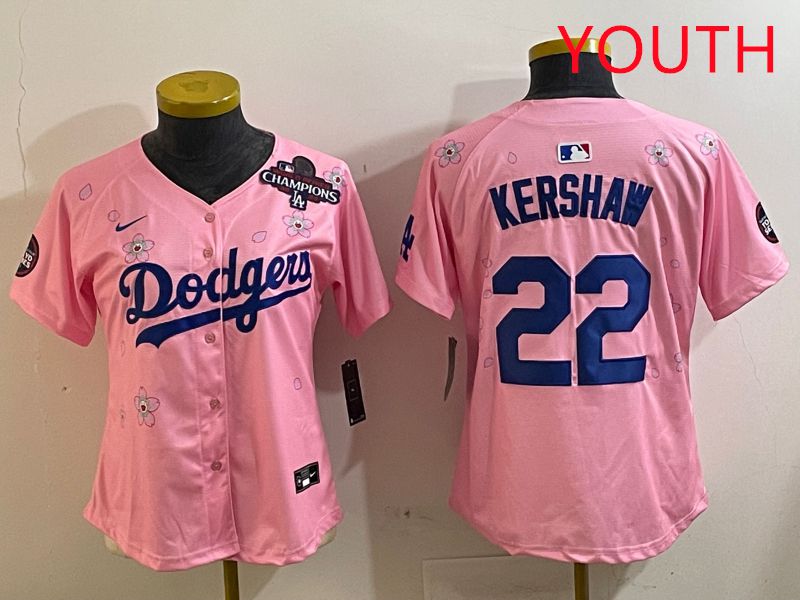 Youth Los Angeles Dodgers 22 Kershaw Pink White Blue Sakura Edition 2025 Nike MLB Jersey style 6